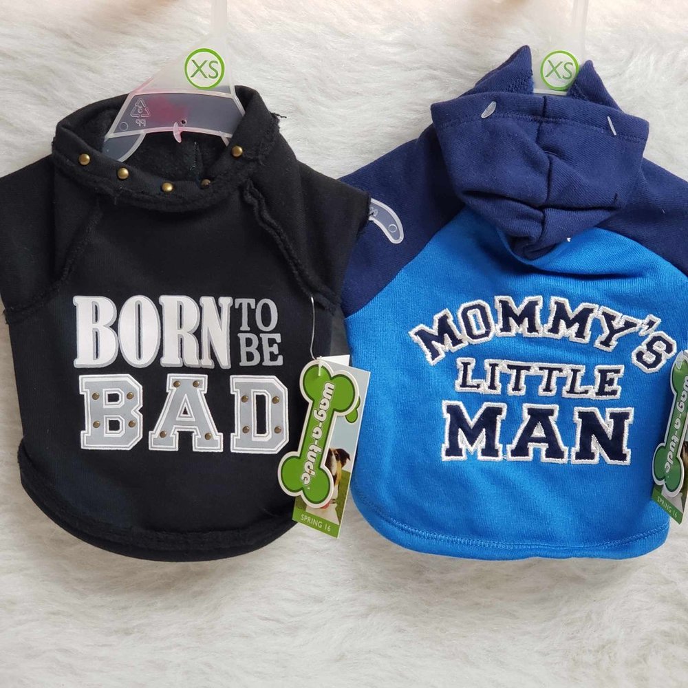 2 - XS Wag-a-Tude Embellished Dog Shirts - Born to be Bad + Mommy's Little Man